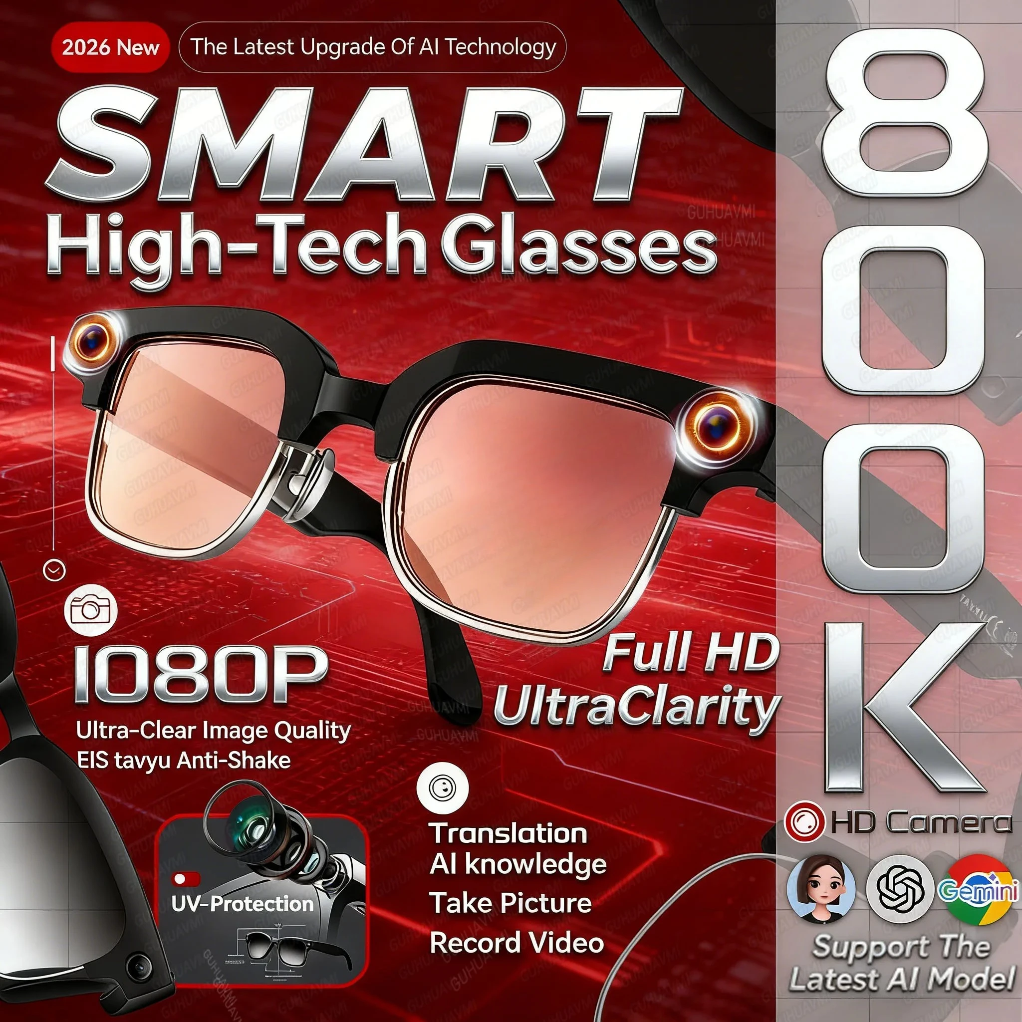 

AI Smart Glasses 8MP Camera HD Video Recording Voice AI ChatGPT Translator glasses Bluetooth WiFi Transfer Music Call Sunglasses