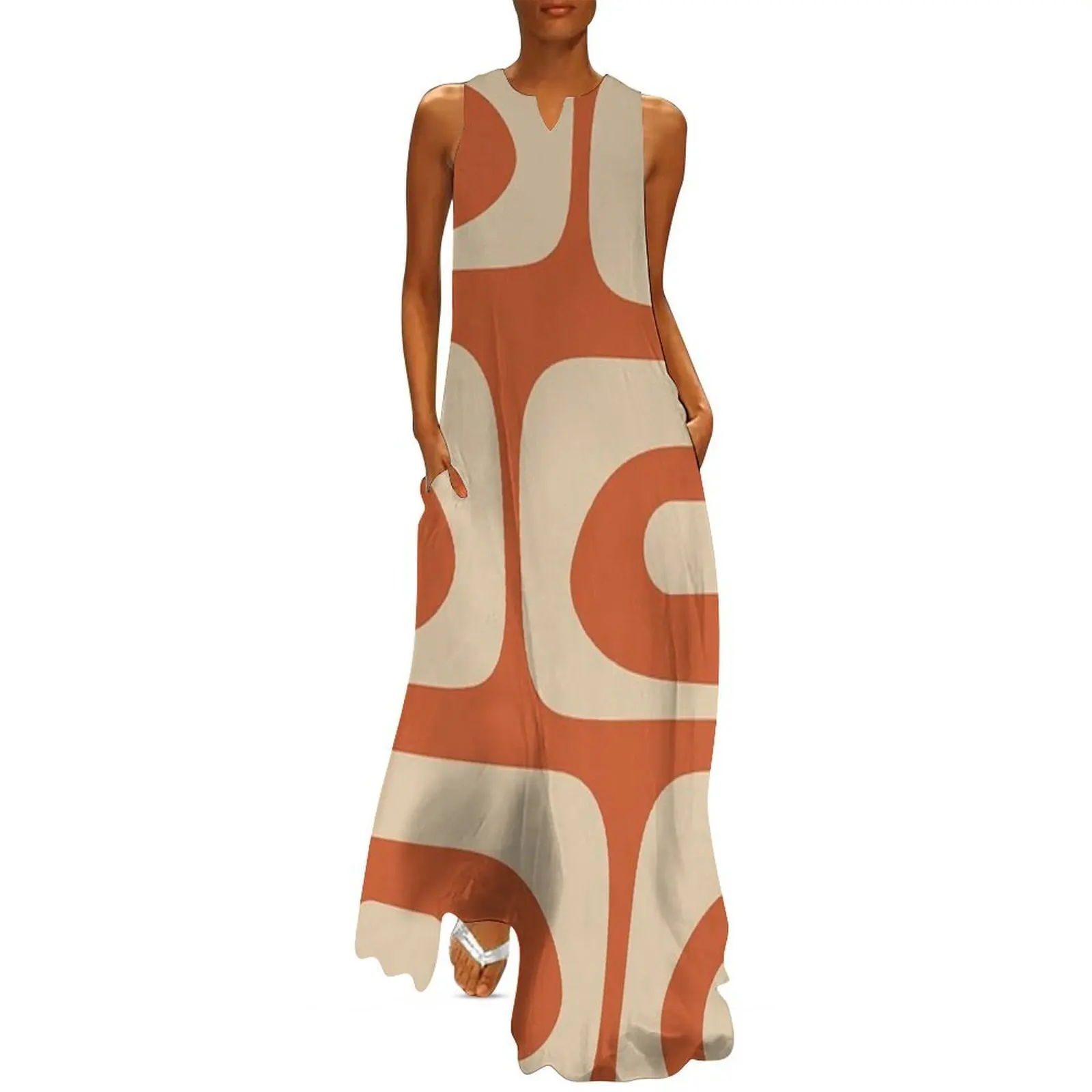 

Mid Century Modern Piquet Abstract Pattern in Mid Mod Burnt Orange and Beige Long Dress Dress vintage Aesthetic clothing