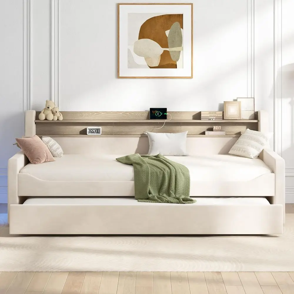 Upholstered Velvet Twin Daybed with Trundle, LED Night Light, Storage, USB Ports, Space-Saving for Bedrooms, Living Rooms, Cream