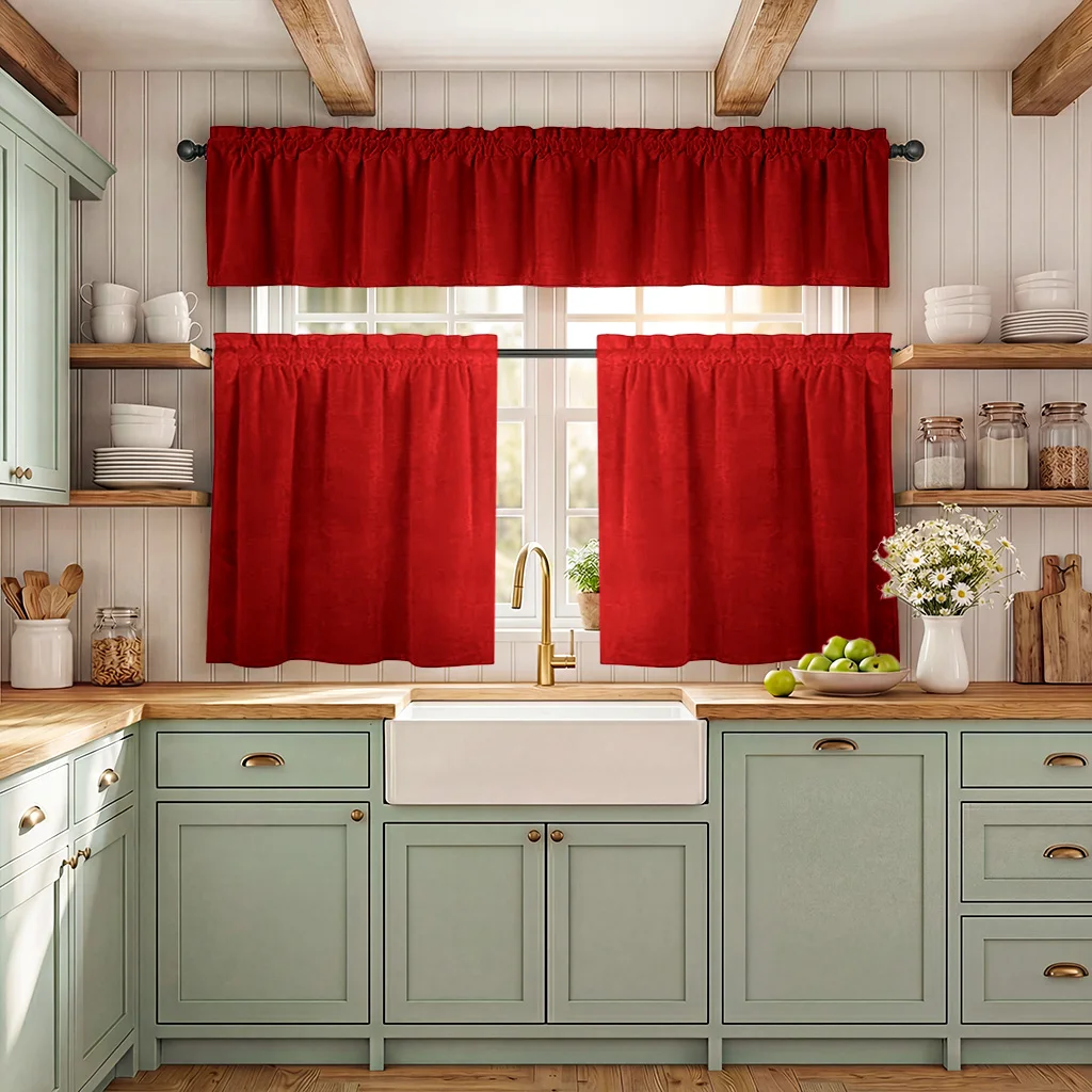 3 Pieces, Solid Color Fashionable Light Luxury Velvet Small Curtains, Kitchen Curtains, Coffee Curtains, Rod Pocket Top, Soft and Smooth, Thick and Durable, Naturally Drapes, Soundproof and Heat-Insulating, Privacy Protection, Polyester Material, Washable, Suitable for All Seasons, Popular Home Window and Door Decoration in Europe and America, Suitable for Kitchen, Dining Room, Bedroom, Living Room, Office, Cafe, New Year, Parties, Weddings