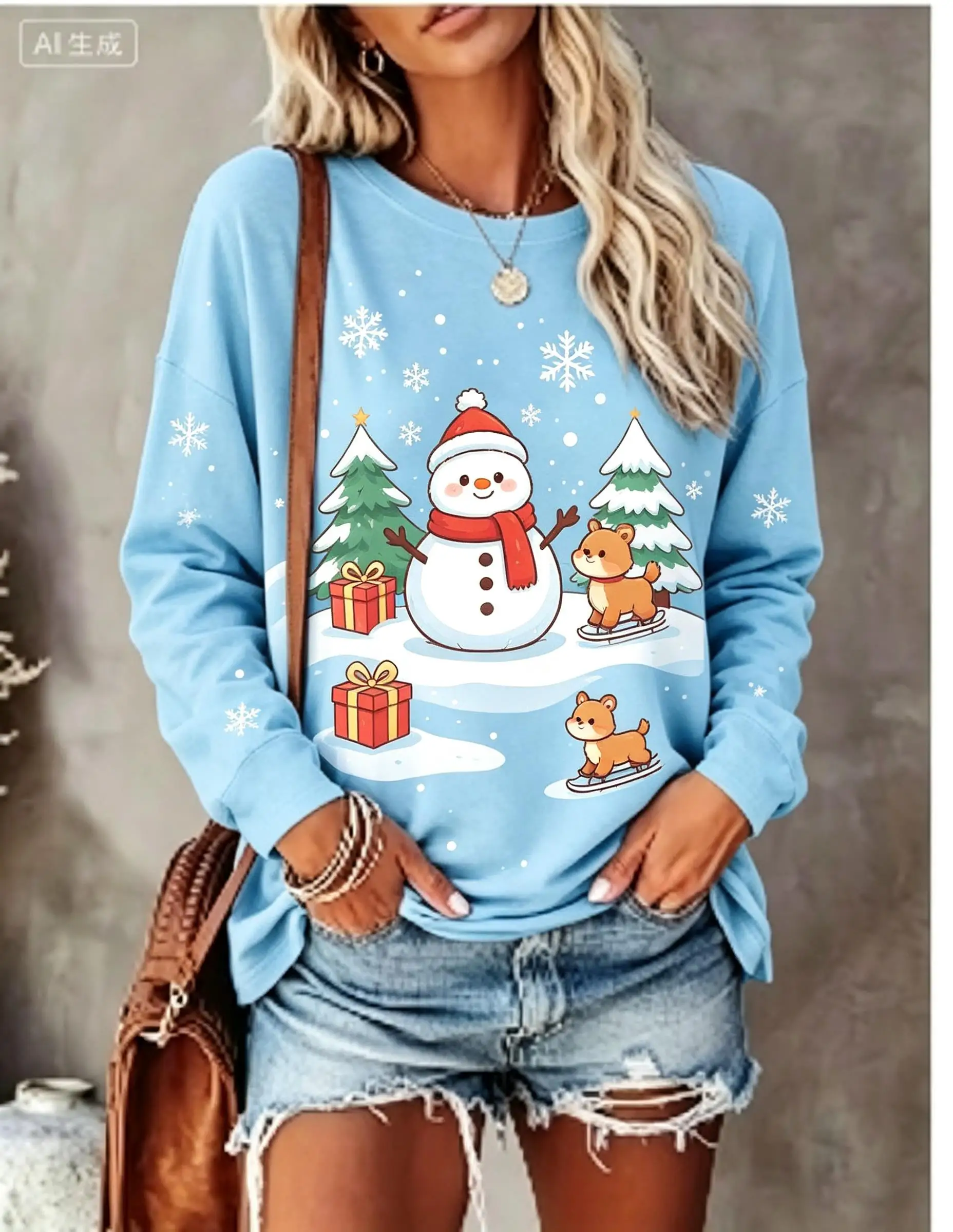 Women Christmas Long Sleeve T‑Shirt Snowman Puppy Tree Gift Snowflake Print Crew Neck Winter Tops
