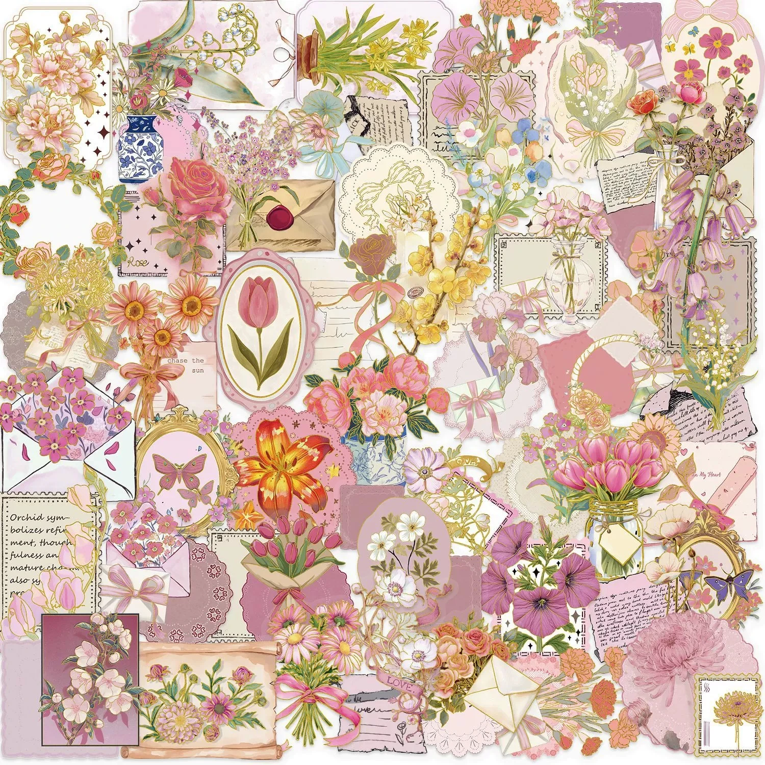 50/100 pièces dessin animé estampage à chaud fleur coeur langue autocollant Pack étanche Transparent PET décor cahier papeterie autocollants