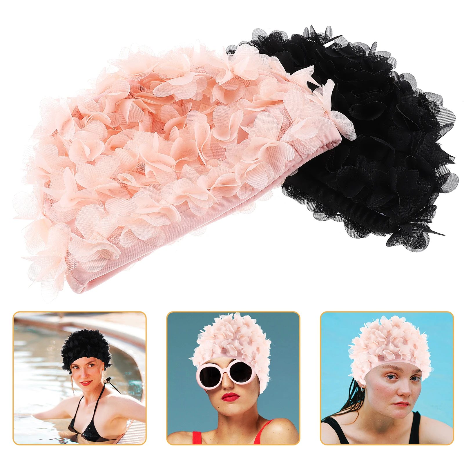 

2pcs Flower Women Breathable Nylon Flower Adult Hats For Swimming Elastic HairProtection Swimming Hats