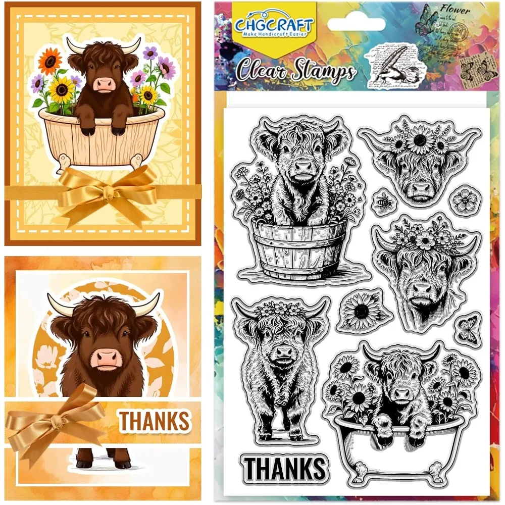 Transparente Stempel mit Highland-Rindern und Blumen, transparente Stempel mit Pflanzen und Tieren, transparente Stempel mit Sonnenblumen für Heimwerker