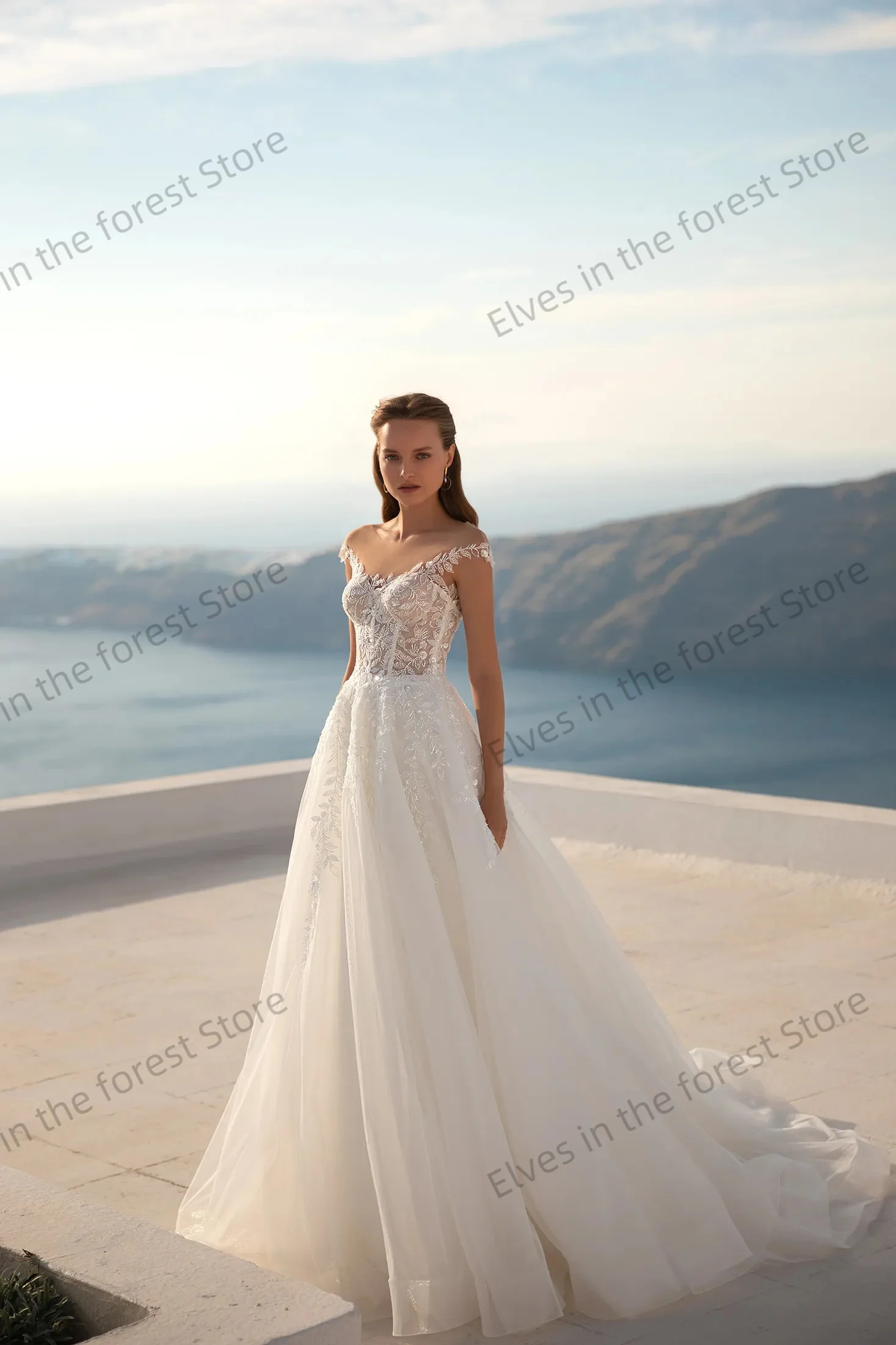 ชุดแต่งงานทรงเอไลน์สไตล์โบฮีเมียนสำหรับผู้หญิง แบบสั่งตัด คอทรงโอ ประดับลูกปัด ผ้าทูลล์ แต่งลูกไม้หรูหรา ชุดเจ้าสาว