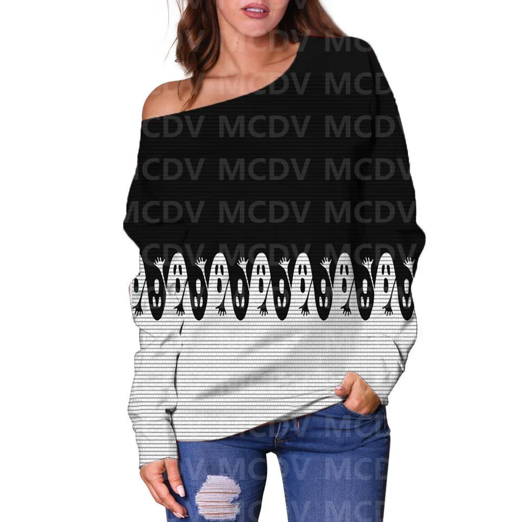 Women's Off Shoulder Sweater Halloween Ghost 3D Printed Women Casual Long Sleeve Sweater Pullover