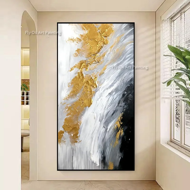 Handmade Dark Gray 3D Relief Textured Wall Art Monochrome Sculpture Oil Painting Luxury Corridor Vertical Wall Hanging Decor