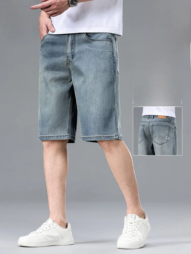 

Kangaroo Lyocell Denim orts Men's Summer Thin Faion American Retro Loose Straight Casual Mid-Pants Five-Quarter Length
