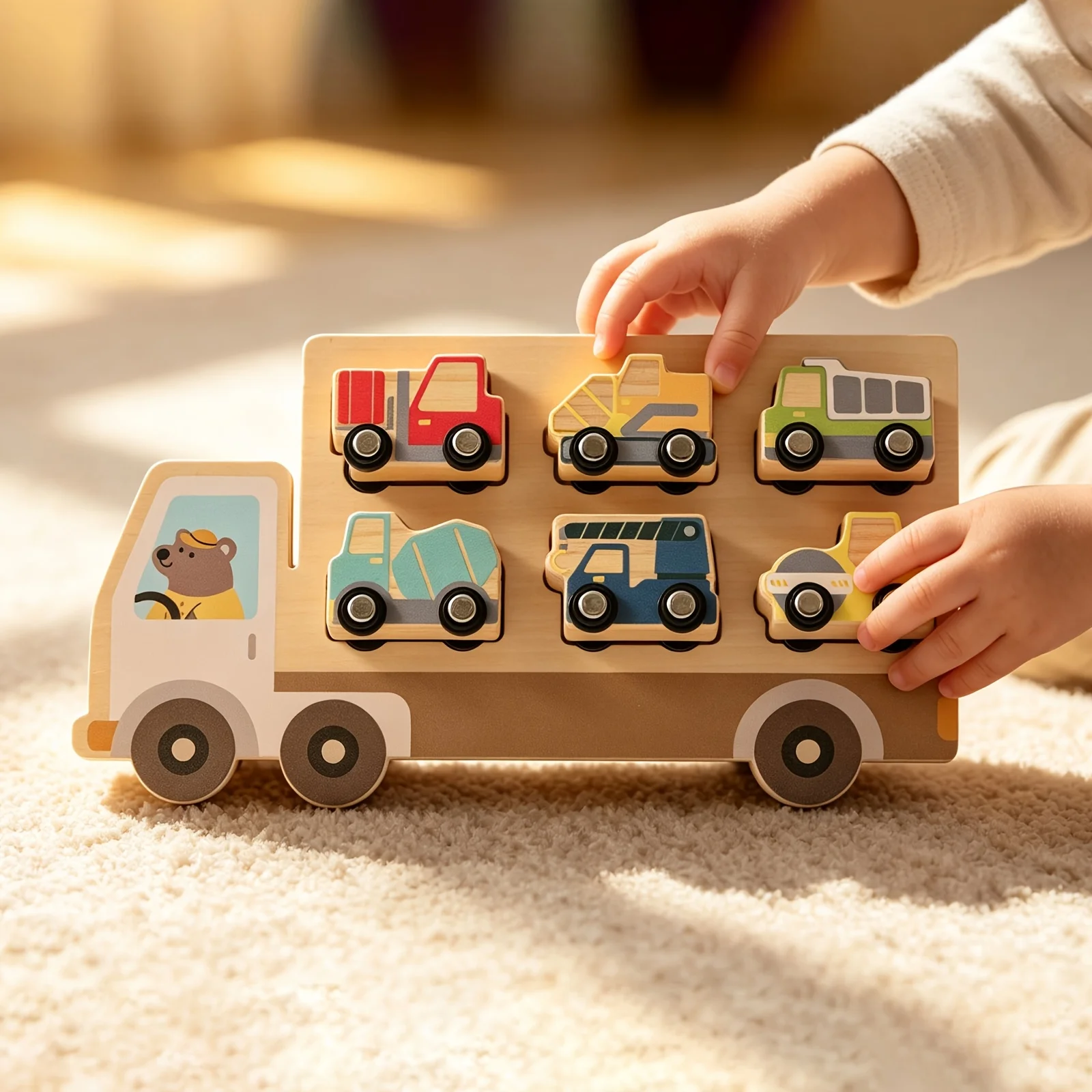 

Montessori Wooden Cars Matching Learning Puzzle Board Game for Toddlers Construction Vehicles Set Trucks Birthday Gifts for Kids