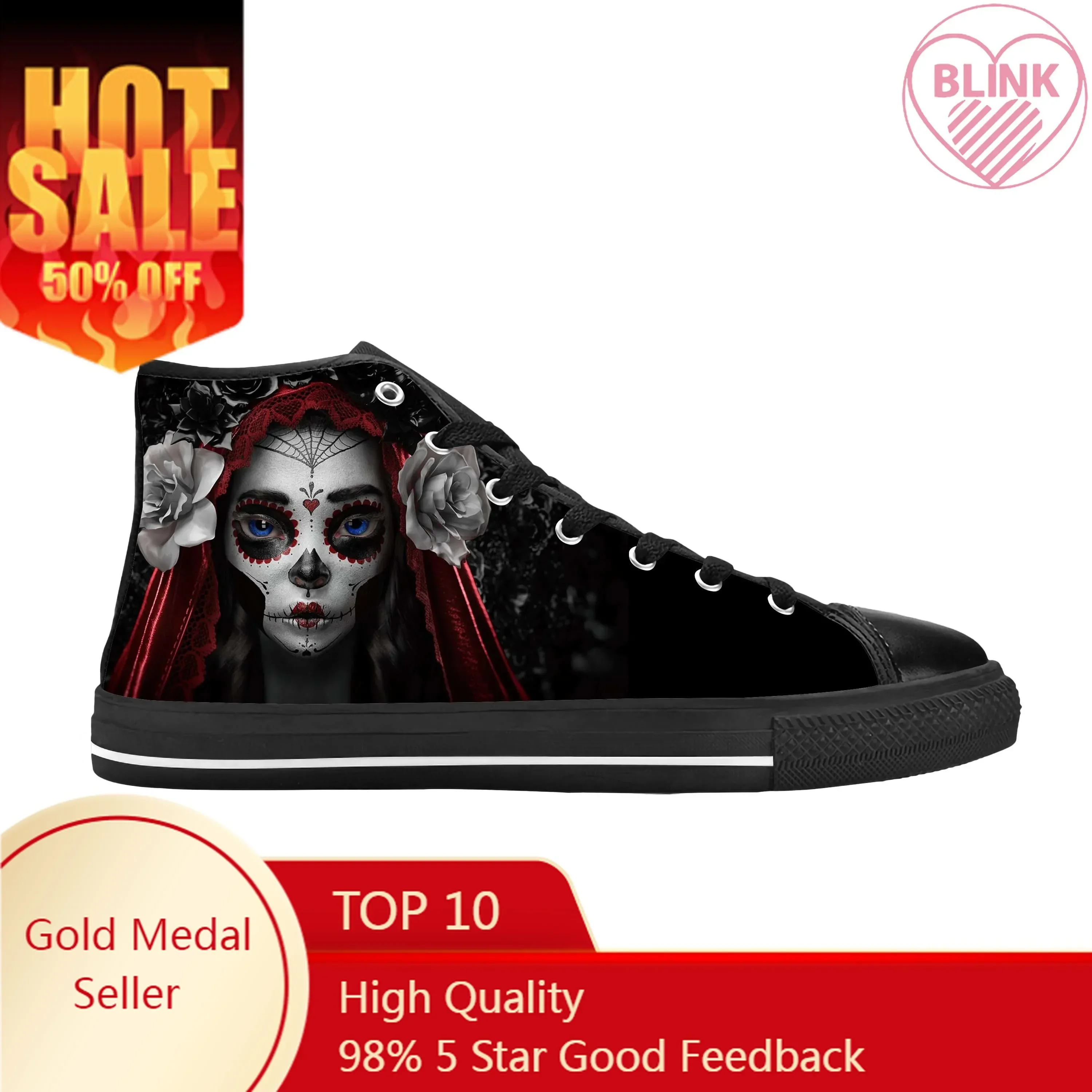 

La Calavera Catrina Mexican Sugar Skull Katrina Casual Cloth Shoes High Top Comfortable Breathable 3D Print Men Women Sneakers