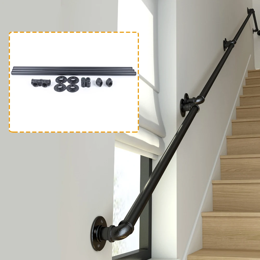 10FT Wall Handrail Black Iron Loft Pipe Handrail Industrial Pipe Stair Hand Rail Indoor Rails