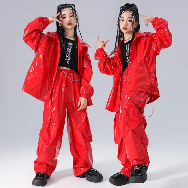 Traje de dança jazz infantil, conjunto de couro brilhante, colheita elegante exposto hip-hop menina dança de rua traje