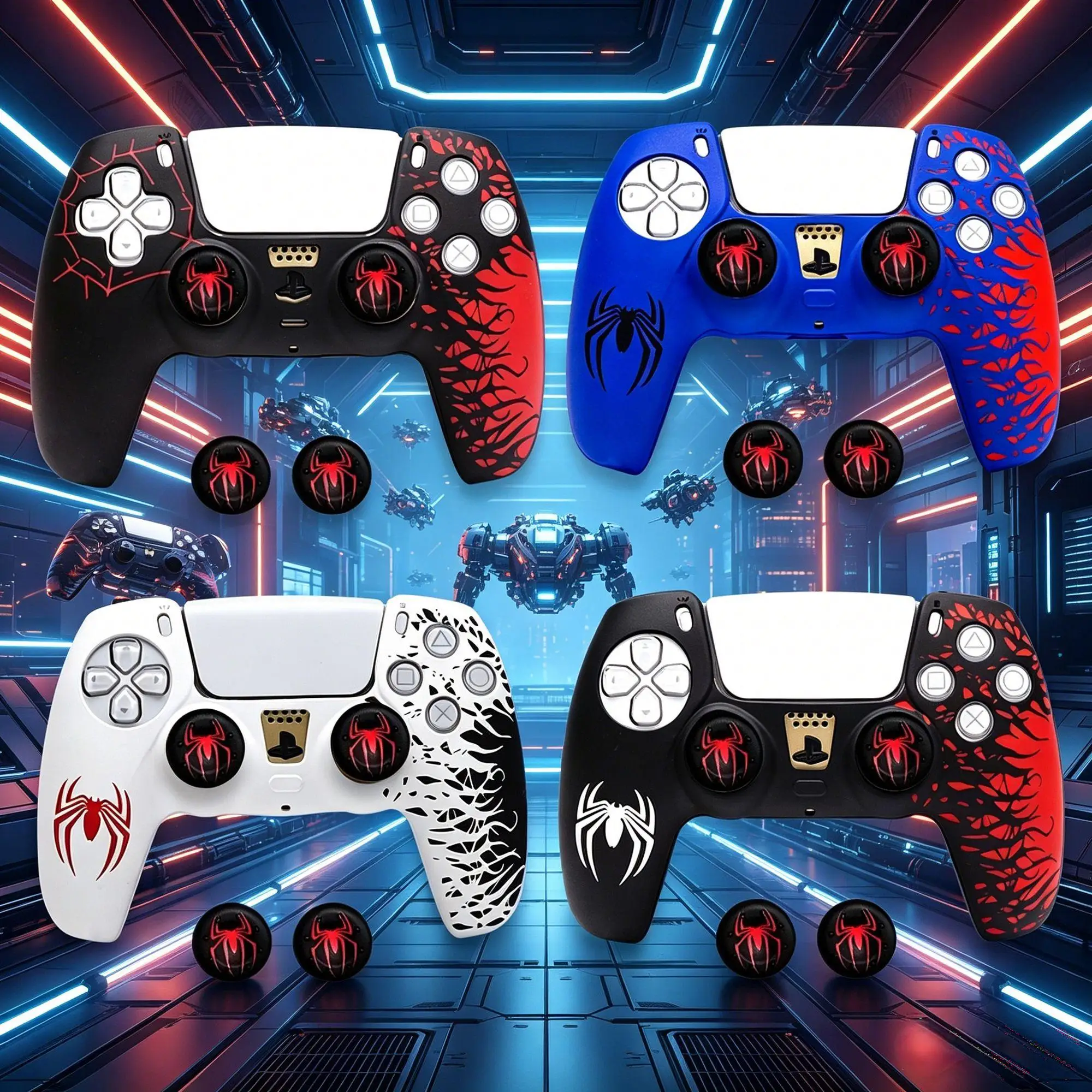 Spider Pattern Silicone Controller Cover Case for PS5 Anti-Fall Protection Anti-Slip Thumb Grip Cap Controller Protector