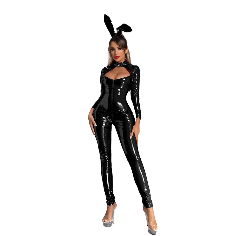 

Готические колготки с вырезами, водолазка с длинными рукавами и молнией с открытой промежностью, женское боди из искусственной кожи, комбинезон, эротическая униформа