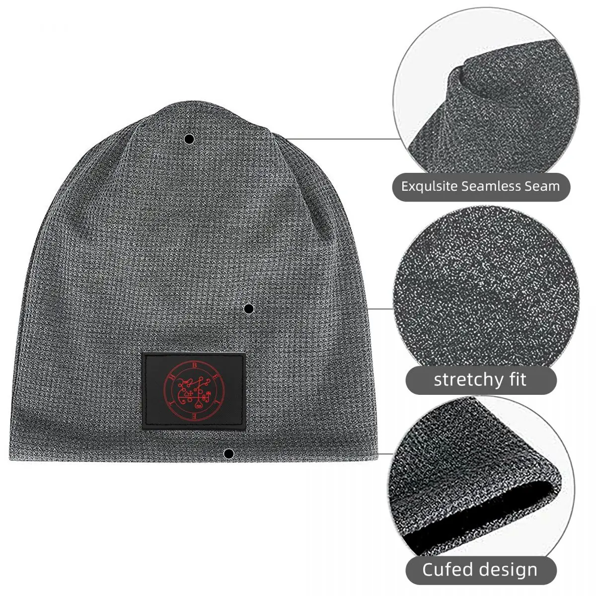 Beleth - Goetia (red) Waffle Knit Fleece Lined Beanie with PU Leather Patch Unisex Warm Winter Soft Cap
