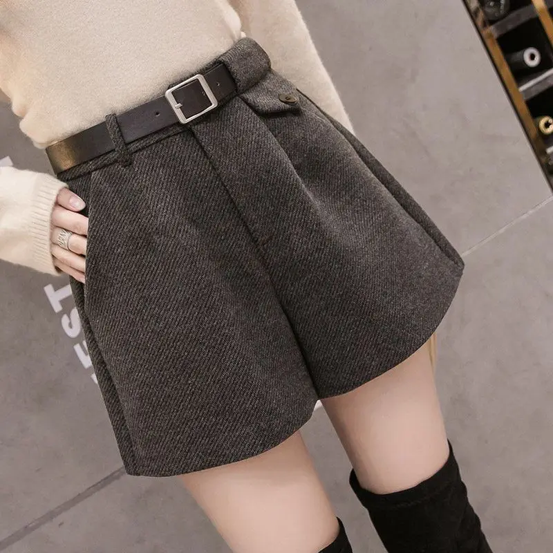 High Waist Thickened Woolen Wide Leg Short Pants Women's Autumn Winter New Style Fashionable Casual Pants Korean Style