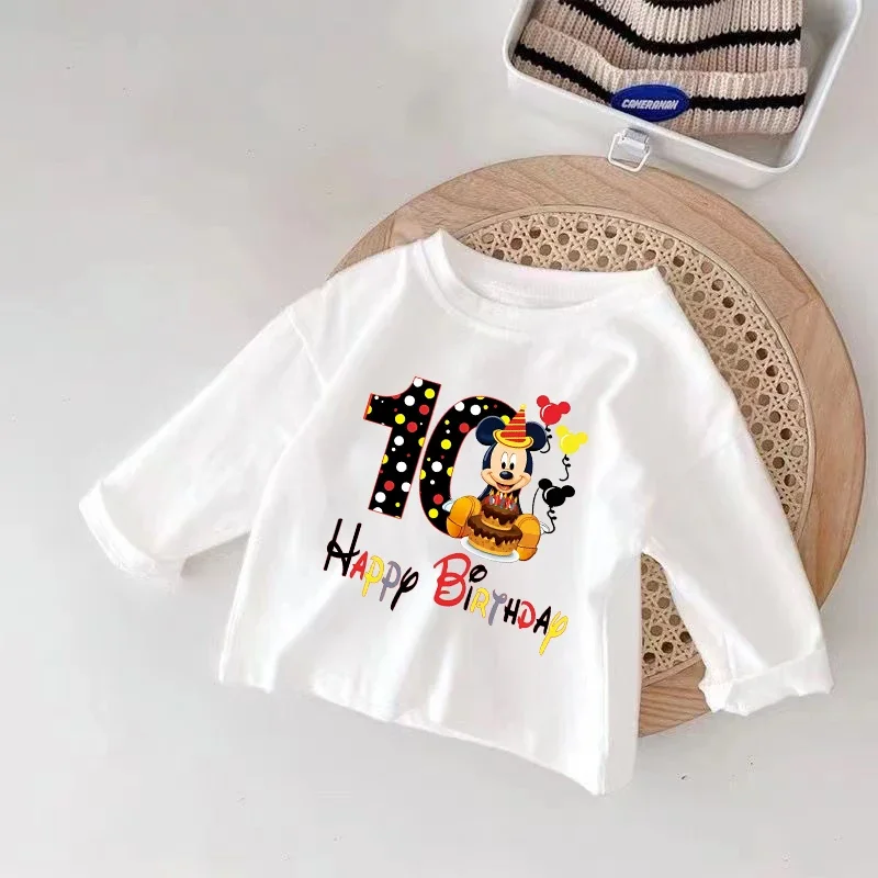 Minnie Mouse Children Birthday T-shirt Long-sleeved Tops Spring/autumn Clothing Kids Bottoming Shirt Crewneck Girl Blouse Gift