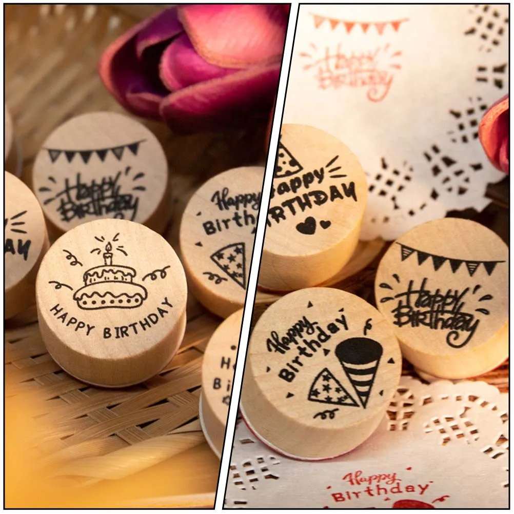 

6pcs Creative Party Stamps Wood Round DIY Scrapbook Planner Gift Classic Design Durability Safe Storage