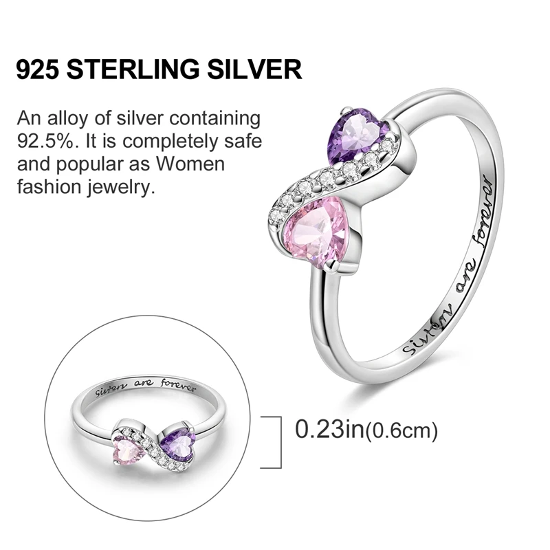 925 argento rosa viola zircone forever sisters double heart infinite ring 1 lady romantic fashion friendship ring temperament ver