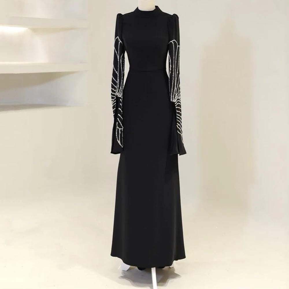 

Dream Elegant Black Evening Dress Classic High Neck Long Sleeve with Beaded Jersey A-Line Floor Length Customized Women Gown