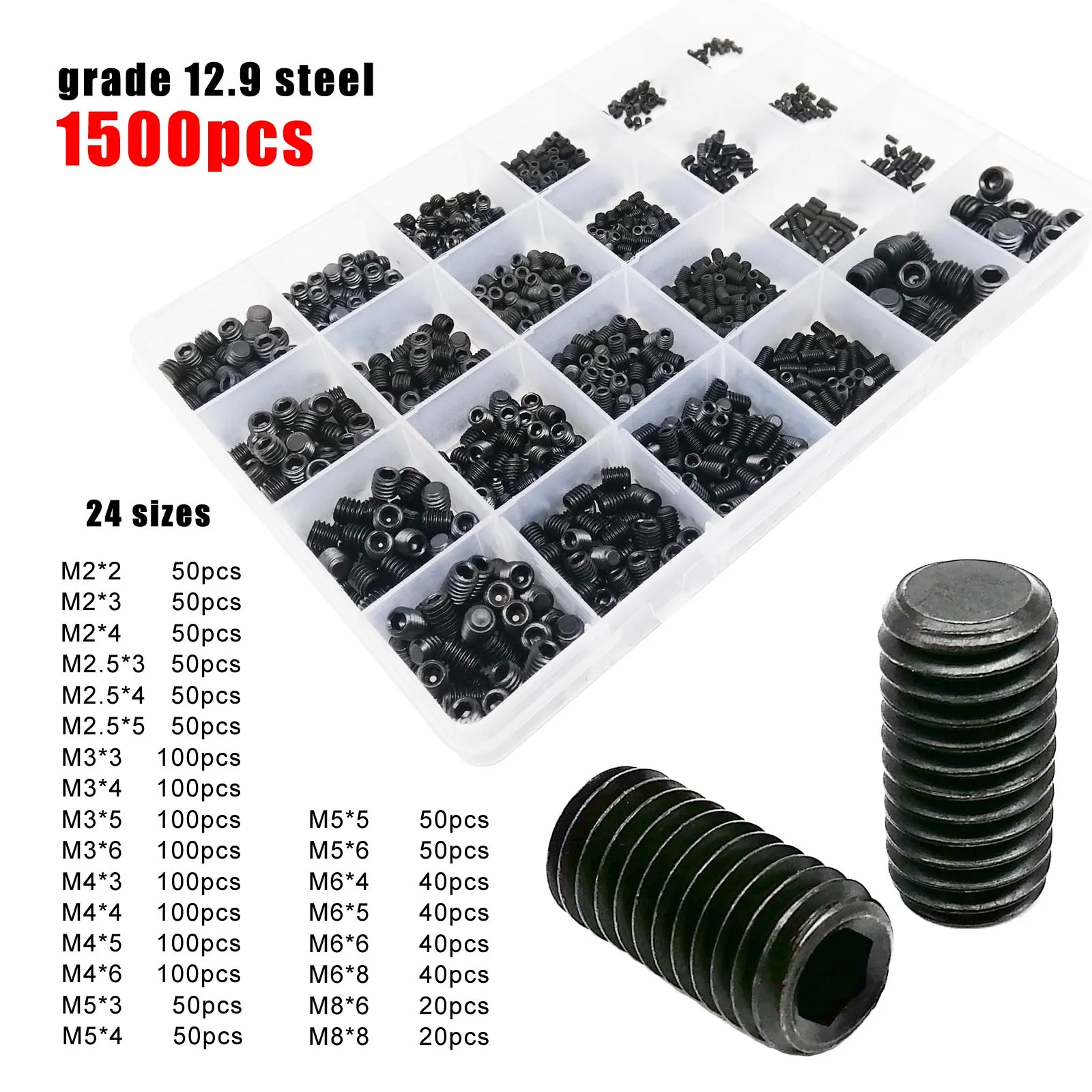 500/1500X M2-M8 DIN913 Black Steel 304 A2 Stainless Steel Hex Hexagon Socket Allen Flat Point Set Screw Grub Bolt Assortment Kit