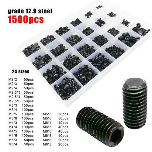Imagen 2 del producto 500/1500X M2-M8 DIN913 Acero negro 304 A2 Acero inoxidable Hexágono Socket Allen Punto plano Juego de tornillos Kit surtido de pernos prisioneros