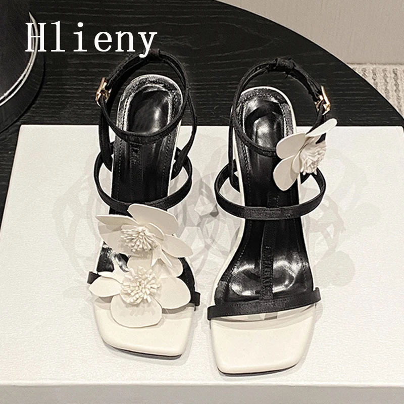 Hlieny Fashion Black White Flower Sandals Buckle Strap Thin High Heels Women Summer Sexy Narrow Band Party Prom Stripper Shoes