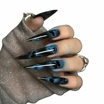 24片裝深藍色蝴蝶Y2K假指甲辣妹漸變法式尖頭假指甲按壓式長尖頭人造指甲 8 最佳銷售 深藍色指甲 - №3