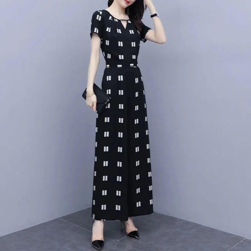 2024 Women's Clothing O-Neck Summer Casual Pants Look Slimmer Wide Leg Jumpsuit Fashionable Jumpsuit Thin Style Fashionable