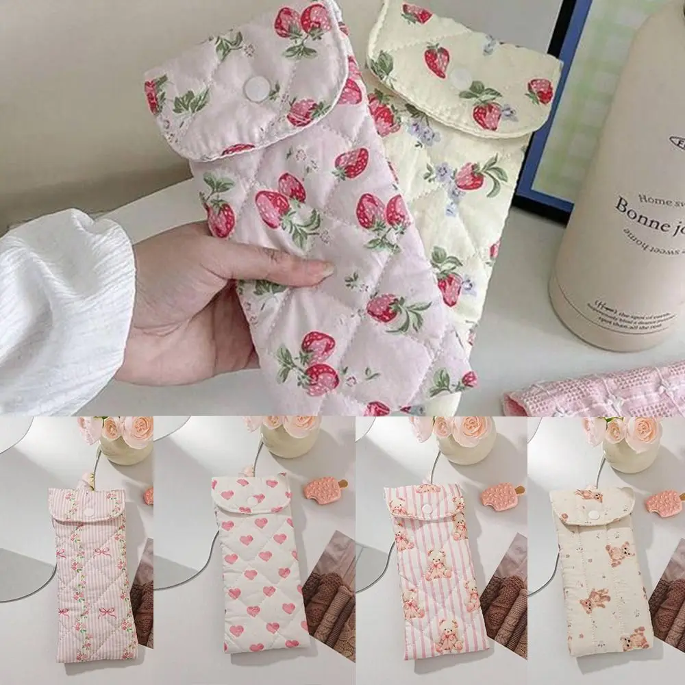 

New Pink Heart Small Glasses Bag Bear and Strawberry Flower Pencil Pouch Cute Sweet Women Makeup Bag Women Girl