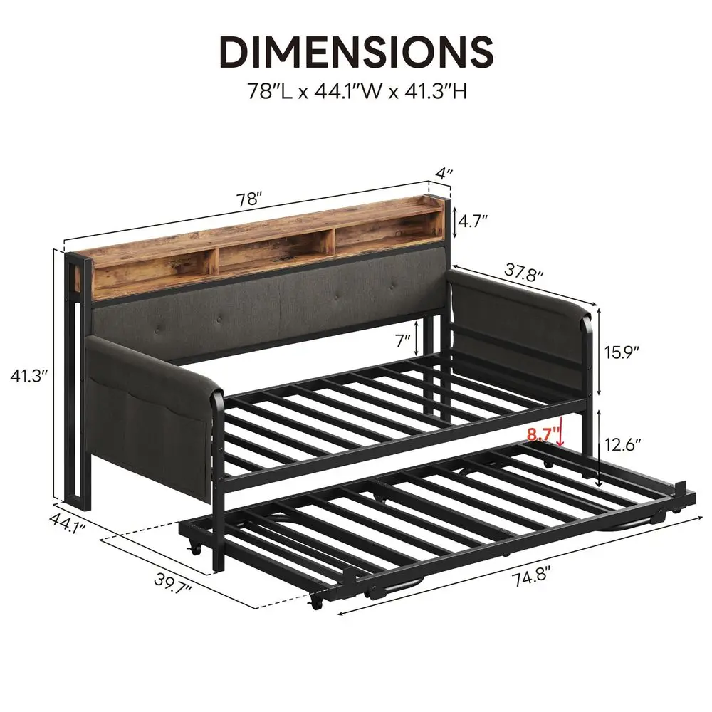 

Daybed with Trundle, Twin Bed Frame with Upholstered Headboard and Charging Station, Sofa Day Bed with Strong Supports for Livi
