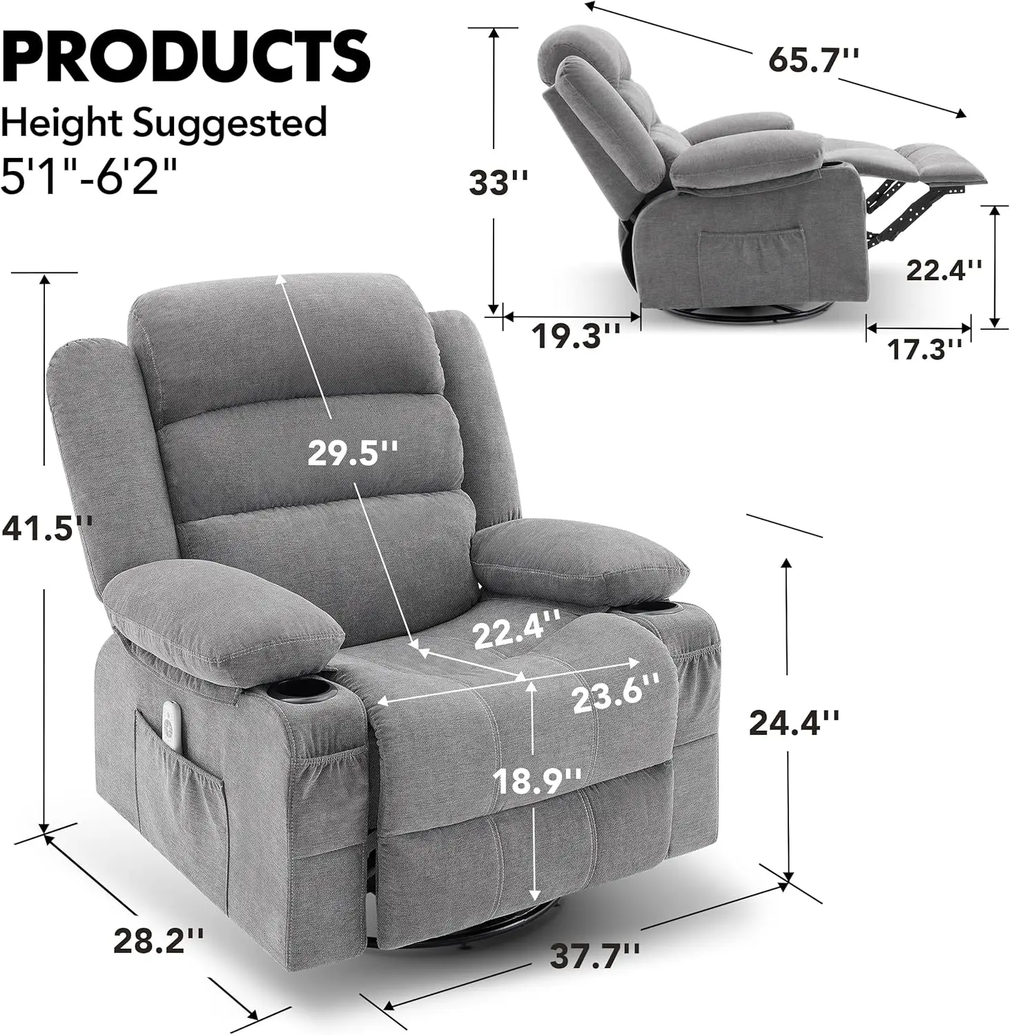 Rocker Recliner Chair with Heat and Massage 360° Swivel Recliner Chairs for  Single Sofa Seat with Cup Holders