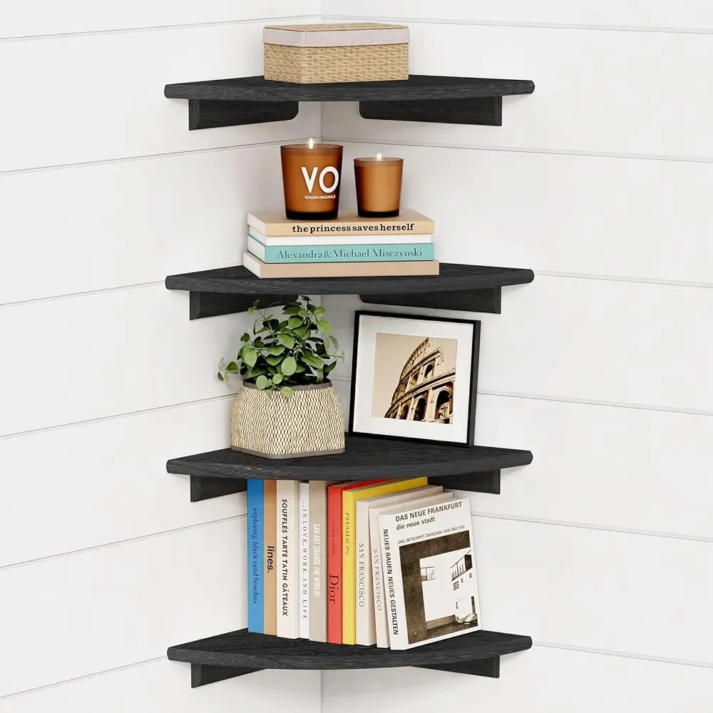 

Bla Floating Corner Bookshelf For Wall Set Of 4, Large Corner Plant Shelves For Living Room, Rustic Rounded Corner Bookshelves