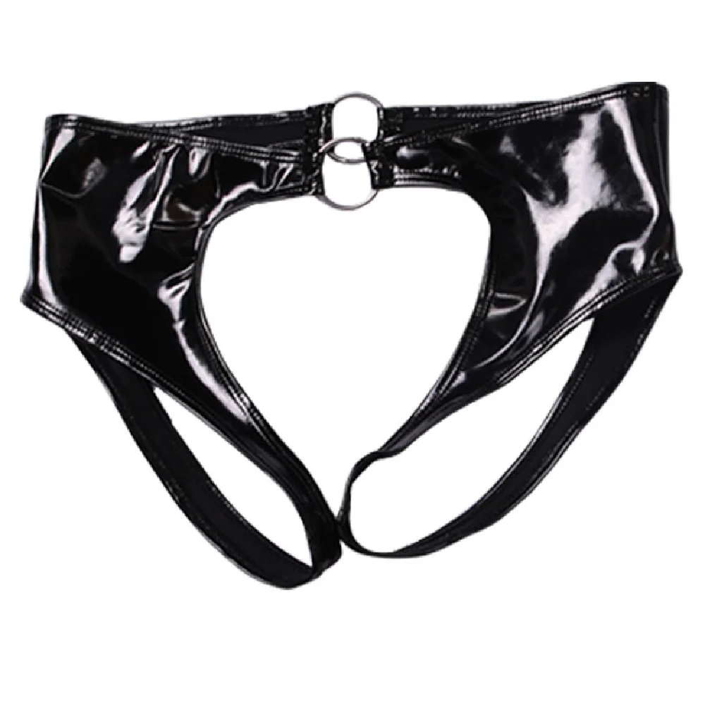 النساء Crotchless الملاكمين PVC فو الجلود سراويل مع حلقة سحب الخصر مشرق الجبهة الخلفية الجوف خارج الملاكمين الصغيرة سيور الملابس الداخلية