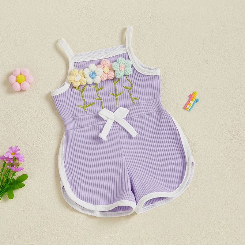 بدلة قفز صيفية للفتيات الصغيرات من SUNSIOM بدون أكمام وحزام سباغيتي وزهرة كروشيه رومبير شورت للرضع