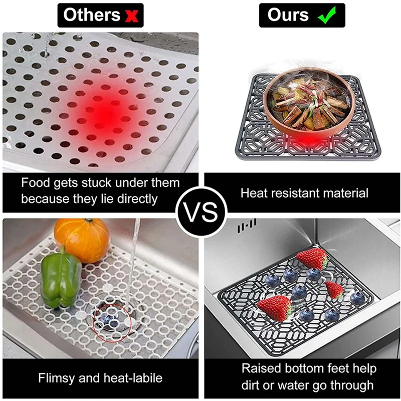 3X Sink Mat Kitchen Sink Protector For Bottom,Stainless Steel Or Porcelain Bowl Sink, Silicone Non-Slip Heat Resistant