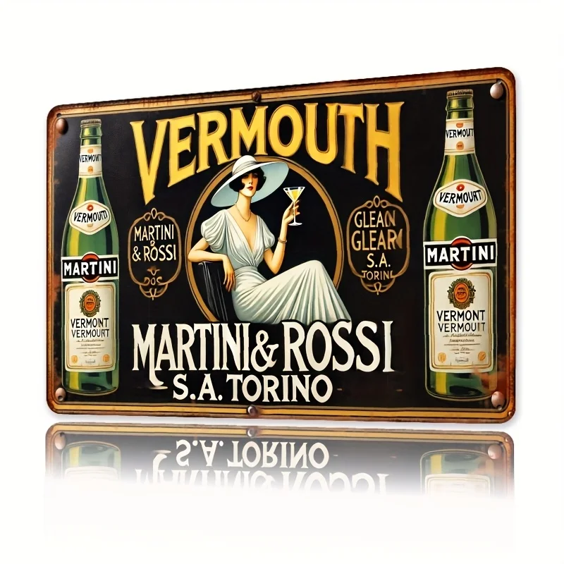 Vintage Martini,Rossi Metal Wall Sign -  Retro Iron Poster with Elegant Woman Illustration, Perfect for Bar, Kitchen, Dining