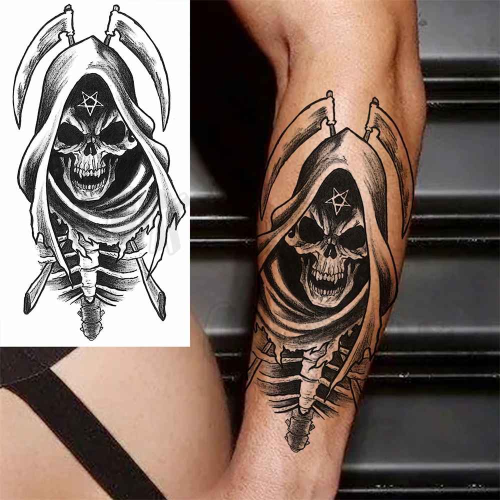 Realistic Skull Sickle Temporary Tattoos For Women Adult Men Robot Pistol Pirate Ship Fake Tattoo Arm Body Art Washable Tatoos