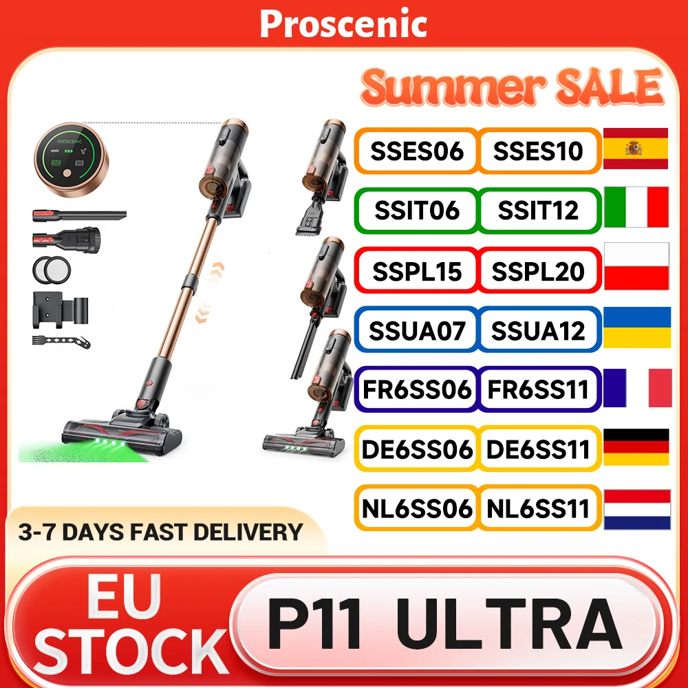 Aspirateur sans fil Proscenic P11 Ultra, aspiration 40 kPa, phare LED vert, autonomie 40 min, brosse anti-emm�lement, filtration 4 couches