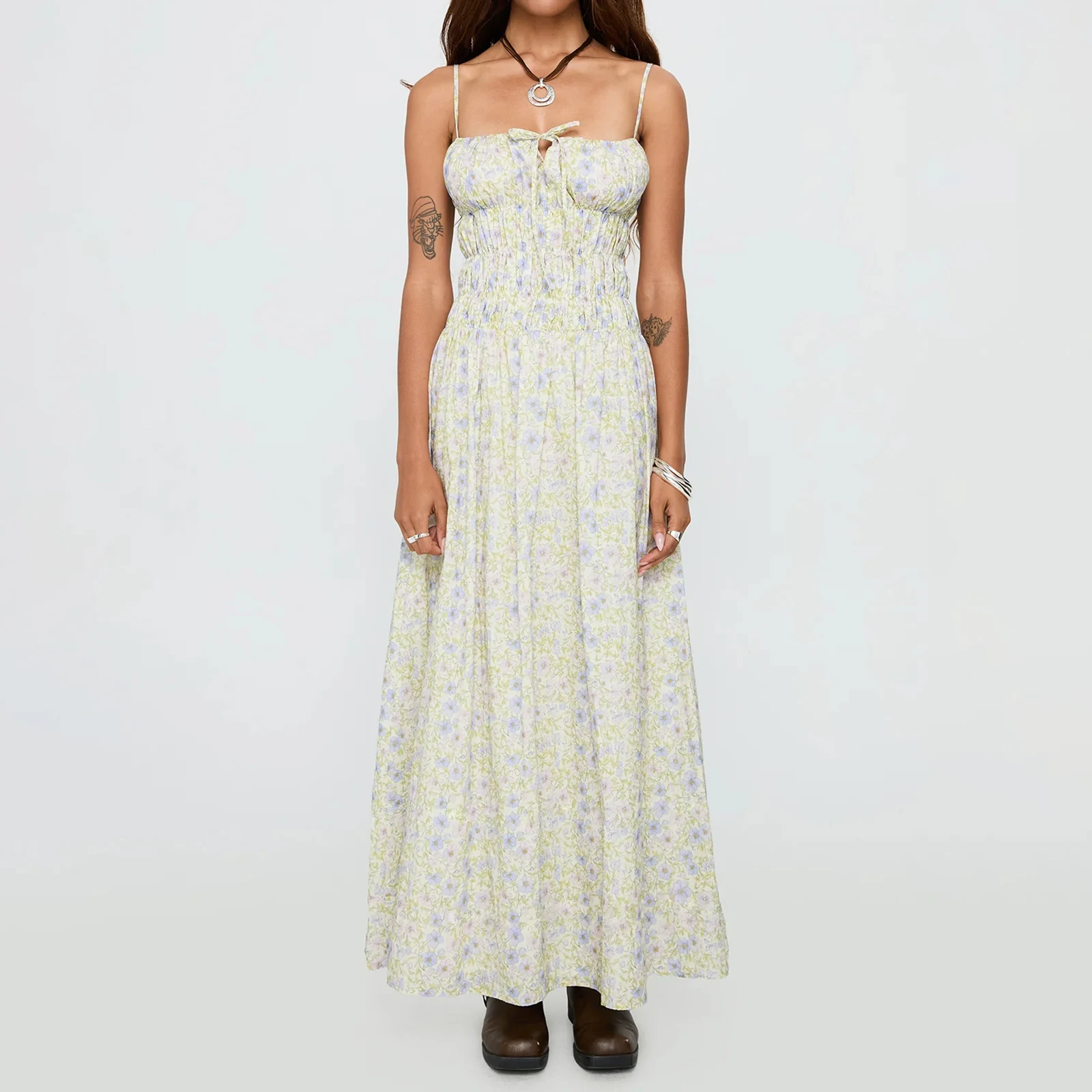 Women's Smocked Long Dress Spaghetti Strap Stripes Floral Print Dress For Beach Vacation Summer Party Daily Wear Streetwear