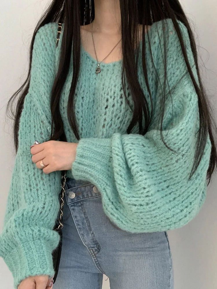 新しいファッション中空アウトプルオーバーニットセーター女性カジュアルルーズランタンスリーブ O ネックセーター秋冬ニット服