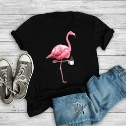 Flamingo Coffee Print T Shirt Women Short Sleeve O Neck Loose Tshirt Summer Women Tee Shirt Tops Camisetas Mujer