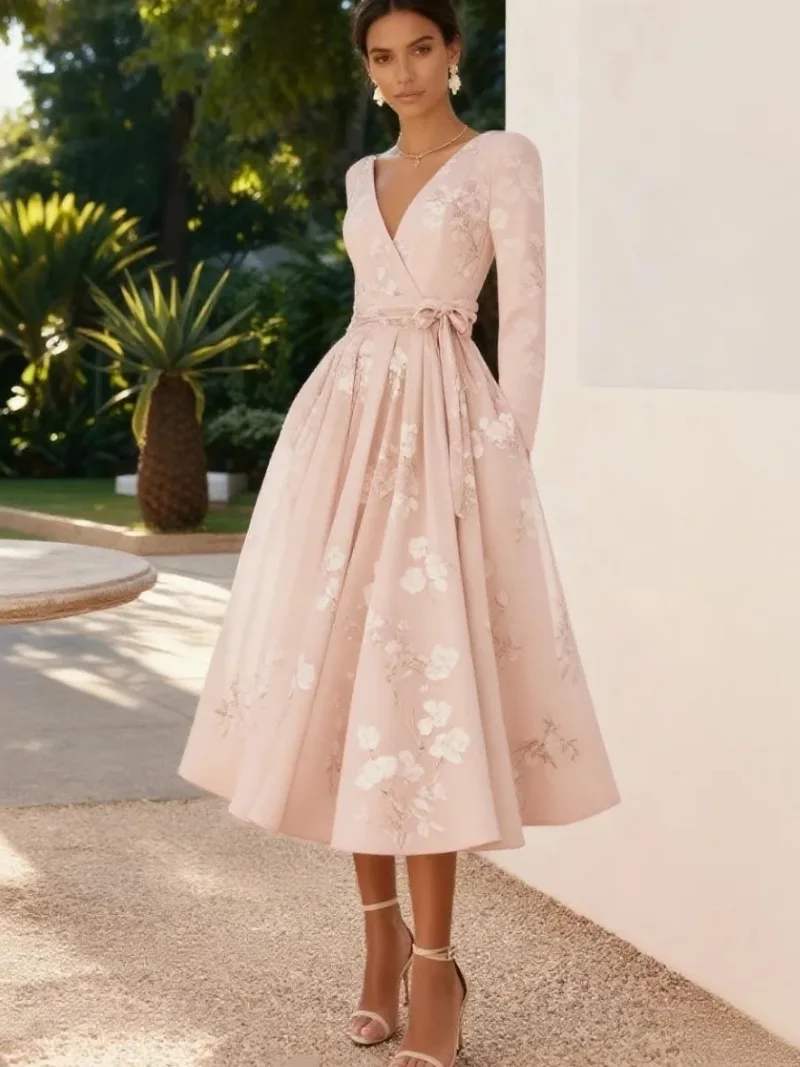 Damesjurk met print en vlinderdas Elegante banketjurk 2025, nieuwe luxe gastfeestavondjurk Chique sjerp Midi Maxi