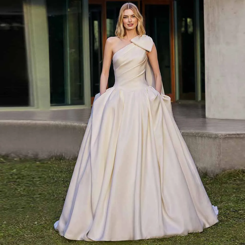 

Modern Church Wedding Dresses Satin A-line Wedding Party Dresses Ivory One-shoulder Bow Ruched Button Pocket Wedding Dress Long