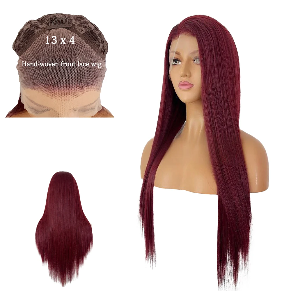 

Clearance Sale: 18-26 Inch Wine Red Straight Hair 13x4 Front Lace Synthetic Hair, Suitable For Women'S Daily High-End Wigs