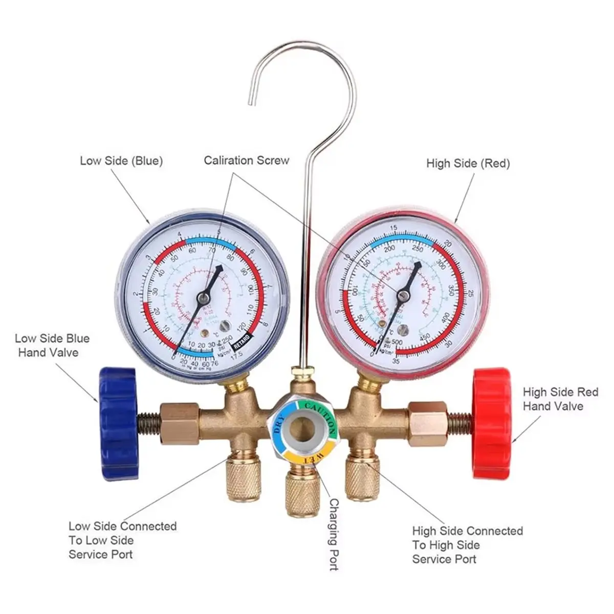 Manómetro de Presión para Aire Acondicionado A79G con Manguera y Gancho, Manómetro de Diagnóstico de 3 Vías para Freón R12 R22 R404A R134a