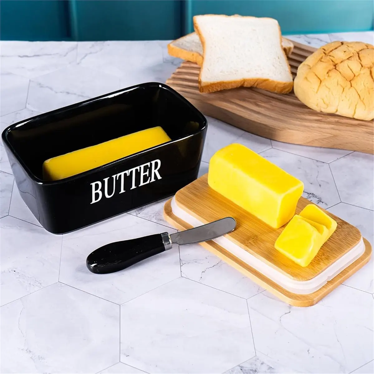 A67T NEW Large Ceramic Black Butter Dish with Lid for Countertop, Covered Butter Stick Holder Container