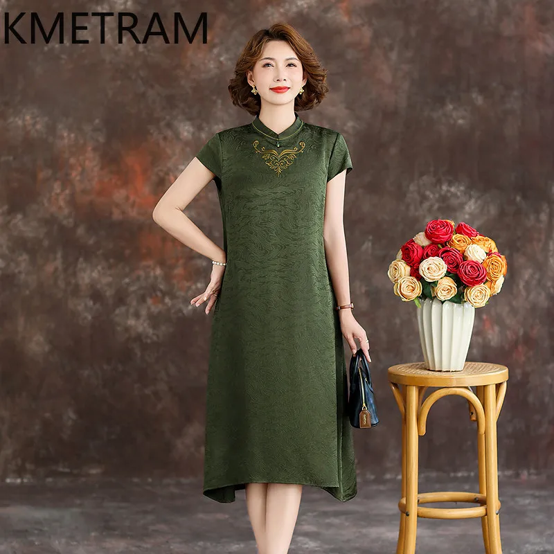 KMETRAM 100% Mulberry Silk Woman Dresses 2026 Summer Gentle Middle-aged Stand Collar Cheongsam Jacquard Formal Dress Ropa Mujer