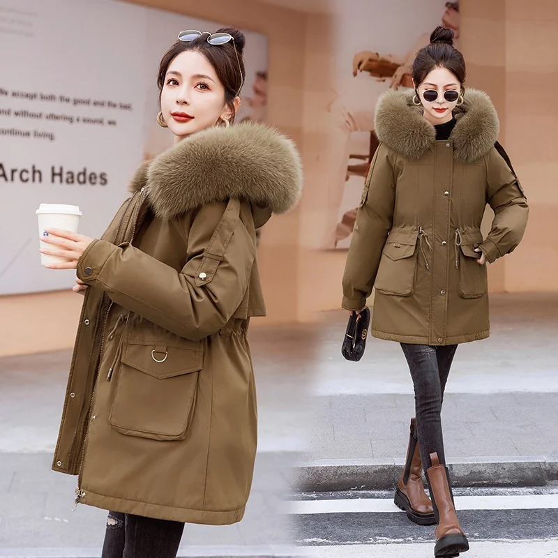 New Winter Jacket Women Parka Mid Long Coat Wool Liner Hooded Parkas Slim With Fur Collar Warm Snow Wear Cotton Clothes