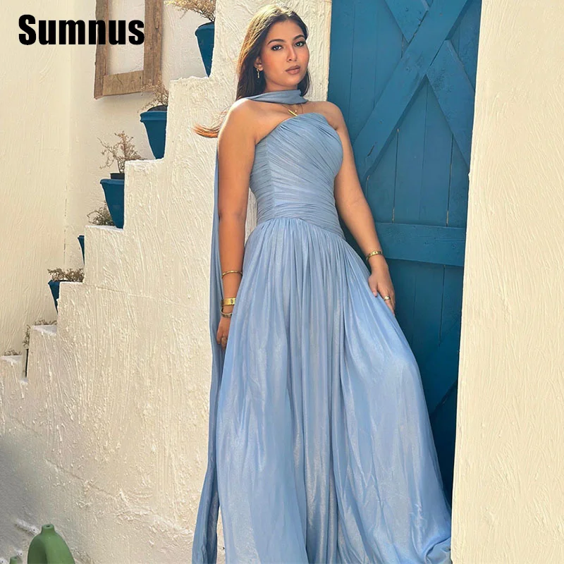 

Sumnus Charming A-Line Blue Formal Occasion Gowns Strapless Draped Floor-Length Evening Dress فساتين سهرة Customized